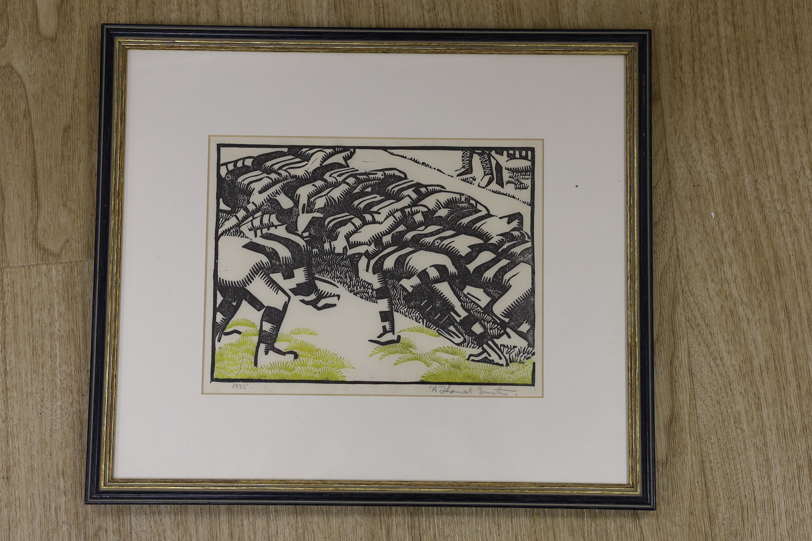 A. Thomas Smith, linocut, 'Rugby Scrum', signed in pencil and dated 1935, 15 x 20cm